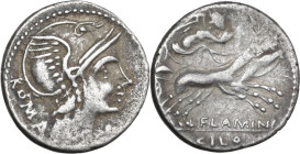L. Flaminius Chilo. AR Denarius, 109 or 108 BC. Obv. Helmeted head of Roma right; behind, ROMA; below chin, X. Rev. Victory in biga right; below, L·FL...