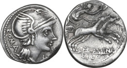 L. Flaminius Chilo. AR Denarius, 109 or 108 BC. Obv. Helmeted head of Roma right; behind, ROMA; below chin, X. Rev. Victory in biga right; below, L·FL...