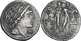 L. Memmius. AR Denarius, 109 or 108 BC. Obv. Male head right (Apollo?) wearing oak-wreath; below chin, barred X. Rev. The Dioscuri standing facing bet...