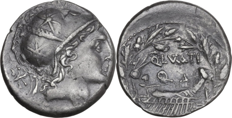 Q. Lutatius Cerco. AR Denarius, 109 or 108 BC. Obv. Helmeted head of Roma right;...