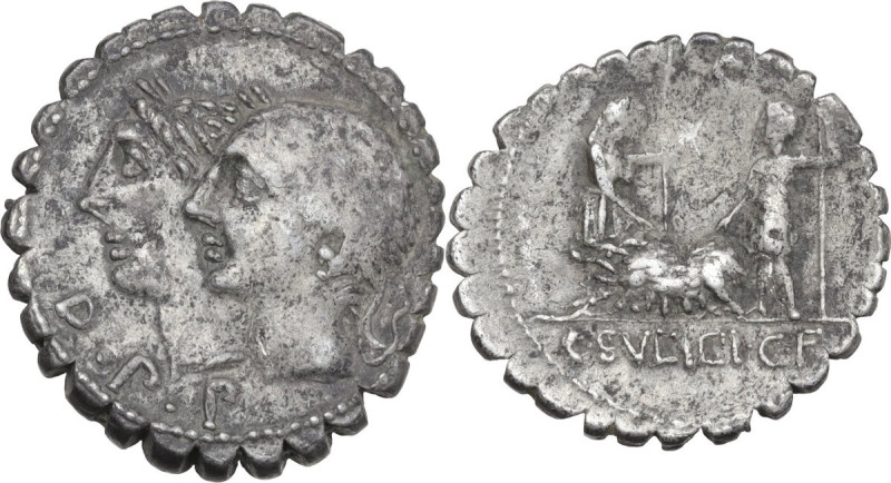C. Sulpicius C.f. Galba. AR Denarius serratus, 106 BC. Obv. Jugate and laureate ...