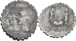 C. Sulpicius C.f. Galba. AR Denarius serratus, 106 BC. Obv. Jugate and laureate heads of Dei Penates left; before, D·P·P. Rev. Two male figures standi...