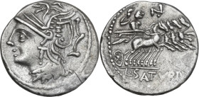 L. Appuleius Saturninus. AR Denarius, 104 BC. Obv. Helmeted head of Roma left. Rev. Saturn in quadriga right; above, N over dot; in exergue, L·SATVRN....