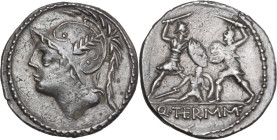 Q. Thermus M.f. AR Denarius, 103 BC. Obv. Helmeted head of Mars left. Rev. Roman soldier fighting enemy in protection of fallen comrade; in exergue, Q...
