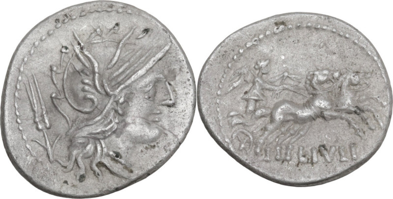 L. Julius. AR Denarius, 101 BC. Obv. Helmeted head of Roma right; behind, corn-e...