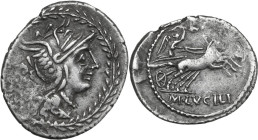 Mn. Lucilius M.f. AR Denarius, 101 BC. Obv. Helmeted head of Roma right; behind, PV; around, laurel-wreath. Rev. Victory in biga right; above, RVF; in...