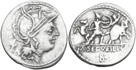 M. Servilius C.f. AR Denarius, 100 BC. Obv. Helmeted head of Roma right; behind, control-mark. Rev. Two soldiers fighting on foot, their horses in the...