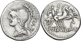 P. Servilius M.f. Rullus. AR Denarius, 100 BC. Obv. Bust of Minerva left, wearing crested Corinthian helmet and aegis; behind RVLLI. Rev. Victory in b...