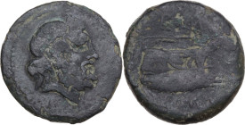 L. Pomponius Molo. AE Semis, 97 BC. Obv. Laureate head of Saturn right; S before (?). Rev. Prow of galley right; L. POMP above, S before, ROMA below. ...