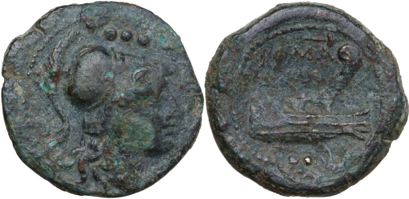C. Poblicius Malleolus, A. Postumius Sp. f. Albinus and L. Metellus. AE Triens, ...