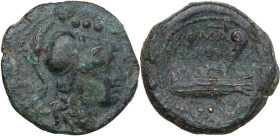 C. Poblicius Malleolus, A. Postumius Sp. f. Albinus and L. Metellus. AE Triens, 96 BC (?). Obv. Helmeted head of Minerva right; above, four pellets. R...
