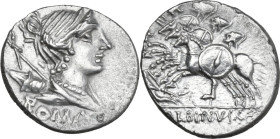 C. Publicius Malleolus, A. Postumius Sp. f. Albinus and L. Metellus. AR Denarius, late 90s BC. Obv. Draped bust of Diana right, bow and quiver over sh...