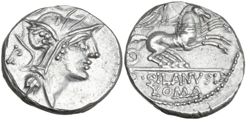 D. Junius Silanus L.f. AR Denarius, 91 BC. Obv. Helmeted head of Roma right; beh...