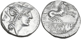 D. Junius Silanus L.f. AR Denarius, 91 BC. Obv. Helmeted head of Roma right; behind, B. Rev. Victory in biga right; above, II; in exergue, D·SILANVS·L...