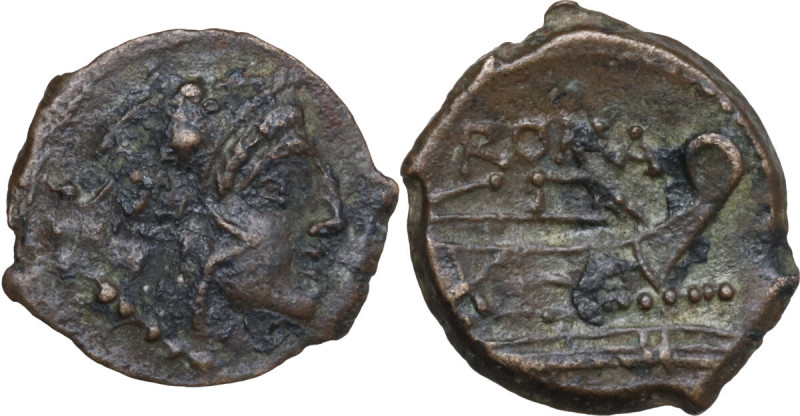 Anonymous series. AE Quadrans, c. 91 BC. Obv. Head of Hercules right, wearing li...