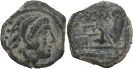 Anonymous series. AE Quadrans, c. 91 BC. Obv. Head of Hercules right, wearing lion's skin; behind, three pellets. Rev. ROMA. Prow right; below, three ...