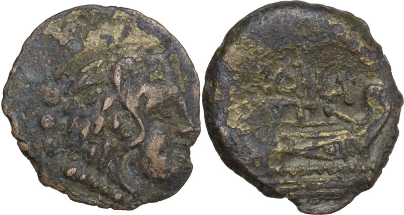Anonymous series. AE Quadrans, c. 91 BC. Obv. Head of Hercules right, wearing li...