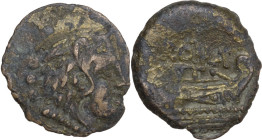 Anonymous series. AE Quadrans, c. 91 BC. Obv. Head of Hercules right, wearing lion's skin; behind, three pellets. Rev. ROMA. Prow right; below or befo...