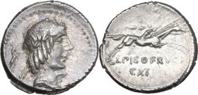 L. Calpurnius Piso Frugi. AR Denarius, 90 BC. Obv. Laureate head of Apollo right; behind, ram. Rev. Horseman galloping right holding palm; below, L. P...