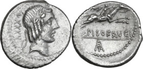 L. Calpurnius Piso Frugi. AR Denarius, 90 BC. Obv. Laureate head of Apollo right; VXXXV behind the head; border of dots. Rev. Horseman galloping; belo...