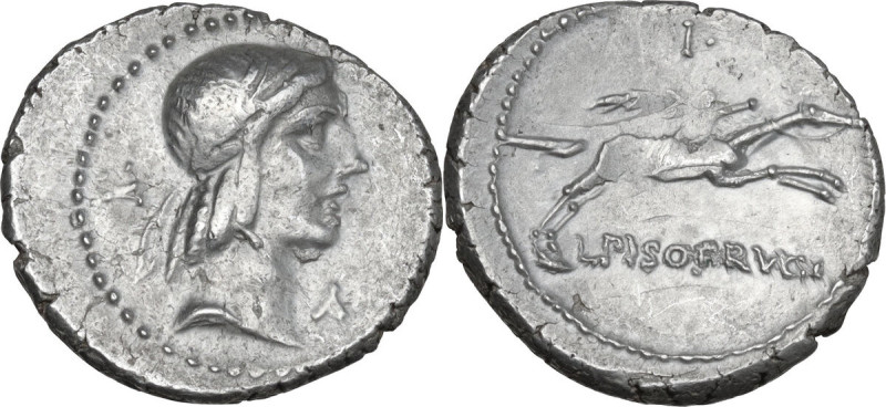 L. Calpurnius Piso Frugi. AR Denarius, 90 BC. Obv. Laureate head of Apollo right...