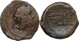 L. Calpurnius Piso Frugi. AE Semis, 90 BC. Obv. Laureate head of Saturn right; behind, S. Rev. Prow right; above, L. PISO. Cr. 340/5b. AE. 7.86 g. 22....