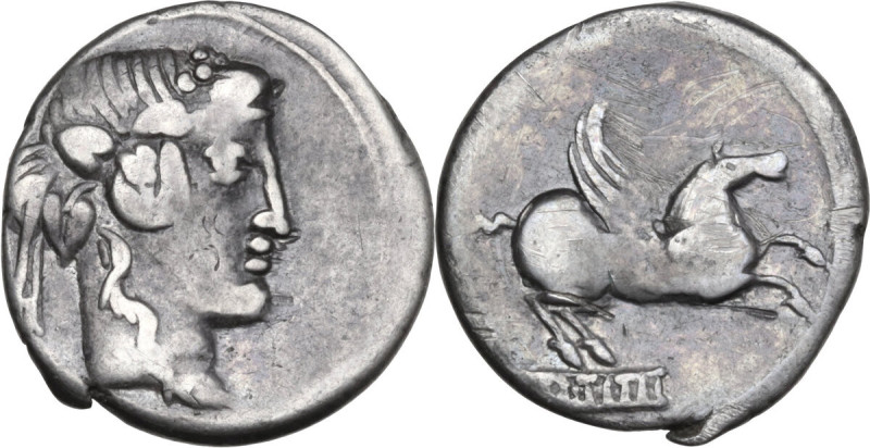 Q. Titius. AR Denarius, 90 BC. Obv. Head of Liber right, wearing ivy-wreath. Rev...