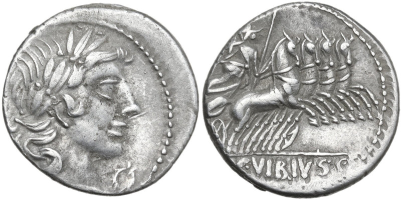 C. Vibius Pansa. AR Denarius, 90 BC. Obv. Laureate head of Apollo right; behind,...