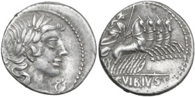 C. Vibius Pansa. AR Denarius, 90 BC. Obv. Laureate head of Apollo right; behind, PANSA; below chin, control-mark. Rev. Minerva in quadriga right; in e...