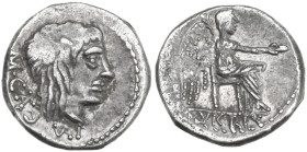 M. Cato. AR Quinarius, 89 BC. Obv. Head of Liber right, wearing ivy-wreath; behind, M·CATO (AT ligate); below, control-mark. Rev. Victory seated right...
