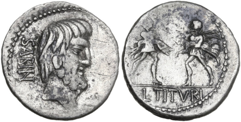 L. Titurius L.f. Sabinus. AR Denarius, Rome mint, 89 BC. Obv. Bearded head of Ki...