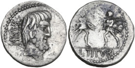 L. Titurius L.f. Sabinus. AR Denarius, Rome mint, 89 BC. Obv. Bearded head of King Tatius right; behind, SABIN; before, palm-branch. Rev. Rape of the ...