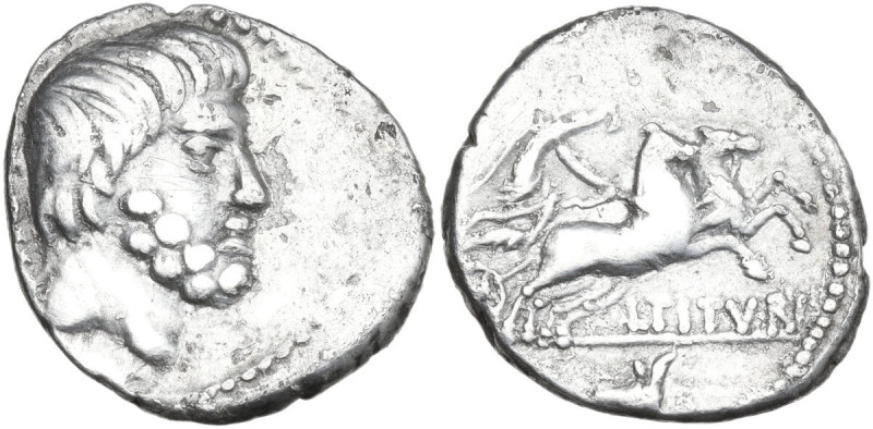 L. Titurius L.f. Sabinus. AR Denarius, 89 BC. Obv. Bearded head of King Tatius r...