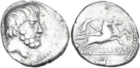 L. Titurius L.f. Sabinus. AR Denarius, 89 BC. Obv. Bearded head of King Tatius right; behind, SABIN. Rev. Victory in biga right; below, L·TITVRI; in e...