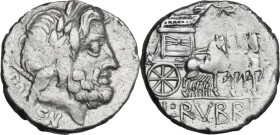 L. Rubrius Dossenus. AR Denarius, 87 BC. Obv. Laureate head of Jupiter right, sceptre over shoulder; below DOSSEN. Rev. Triumphal chariot right, decor...