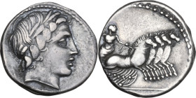 Vergilius, Gargilius and Ogulnius. AR Denarius, 86 BC. Obv. Laureate head of Apollo right; below, thunderbolt. Rev. Jupiter in fast quadriga right, ho...