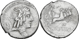 L. Julius Bursio. AR Denarius, 85 BC. Obv. Male head right, with the attributes of Apollo, Mercury and Neptune; behind, control-mark. Rev. Victory in ...