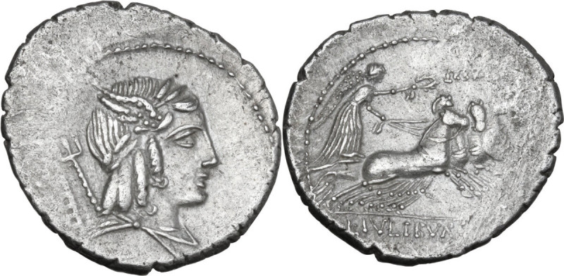 L. Julius Bursio. AR Denarius, 85 BC. Obv. Male head right, with the attributes ...