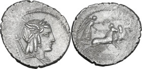 L. Julius Bursio. AR Denarius, 85 BC. Obv. Male head right, with the attributes of Apollo, Mercury and Neptune; behind, control-mark. Rev. Victory in ...