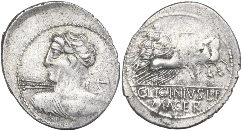 C. Licinius L. f. Macer. AR Denarius, 84 BC. Obv. Diademed and draped bust of Ve...
