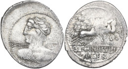 C. Licinius L. f. Macer. AR Denarius, 84 BC. Obv. Diademed and draped bust of Vejovis left turned from spectator, hurling thunderbolt. Rev. Minerva in...
