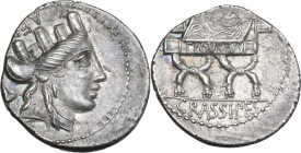P. Furius Crassipes. AR Denarius, 84 BC. Obv. Turreted head of Cybele right; behind, AED·CVR (sometimes CVR ligate) and foot upwards. Rev. Curule chai...