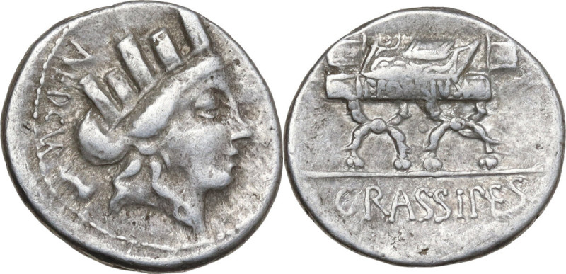 P. Furius Crassipes. AR Denarius, 84 BC. Obv. Turreted head of Cybele right; beh...