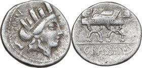 P. Furius Crassipes. AR Denarius, 84 BC. Obv. Turreted head of Cybele right; behind, AED·CVR (sometimes CVR ligate) and foot upwards. Rev. Curule chai...
