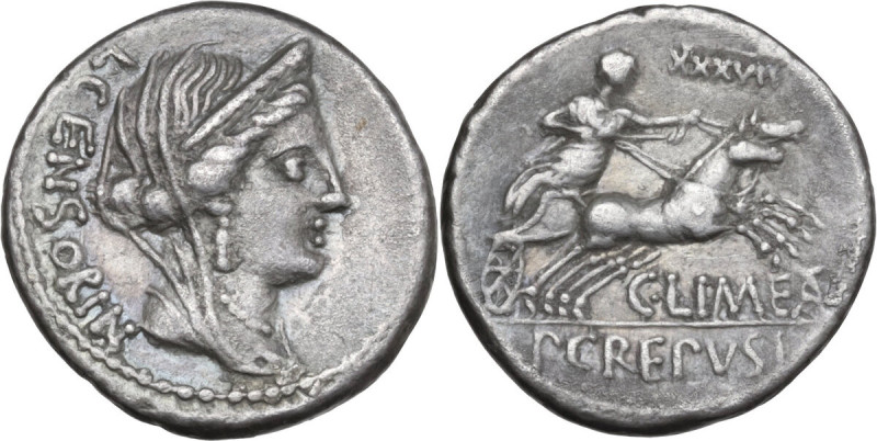 L. Censorinus, P. Crepusius and C. Limetanus. AR Denarius, 82 BC. Obv. Diademed ...