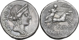 L. Censorinus, P. Crepusius and C. Limetanus. AR Denarius, 82 BC. Obv. Diademed and veiled head of Venus right; behind, L·CENSORIN. Rev. Venus in biga...