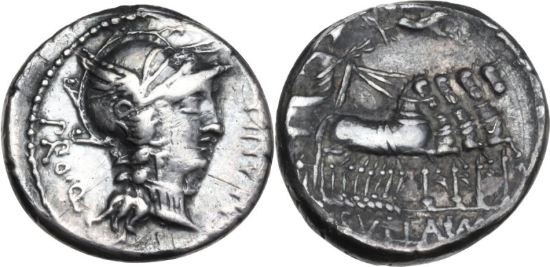 L. Manlius Torquatus. AR Denarius, mint moving with Sulla, 82 BC. Obv. Helmeted ...