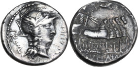 L. Manlius Torquatus. AR Denarius, mint moving with Sulla, 82 BC. Obv. Helmeted head of Roma right; before, L·MANLI·T (T set horizontally); behind, PR...