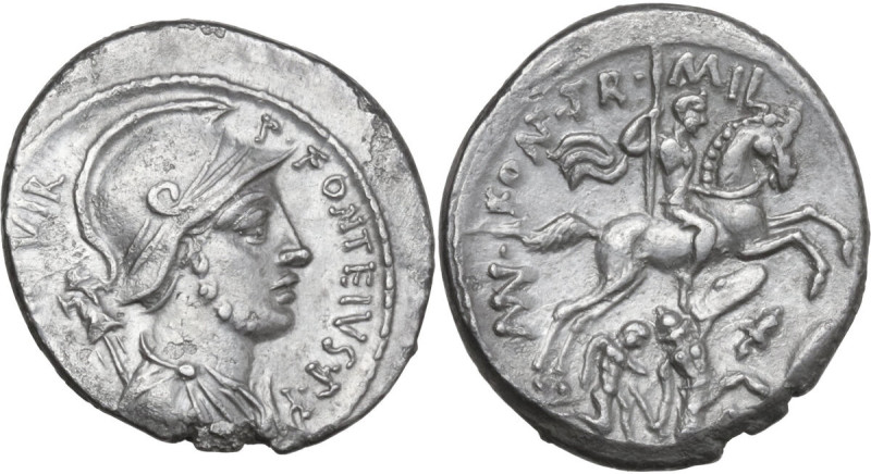 P. Fonteius Capito. AR Denarius, 55 BC. Obv. P·FONTEIVS·P·F·CAPITO·III·VIR. Helm...