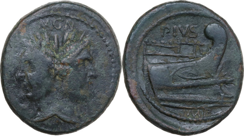 Sextus Pompeius Magnus Pius. AE As, c. 42-38 BC. Sicily. Obv. MAGN (MA ligate). ...